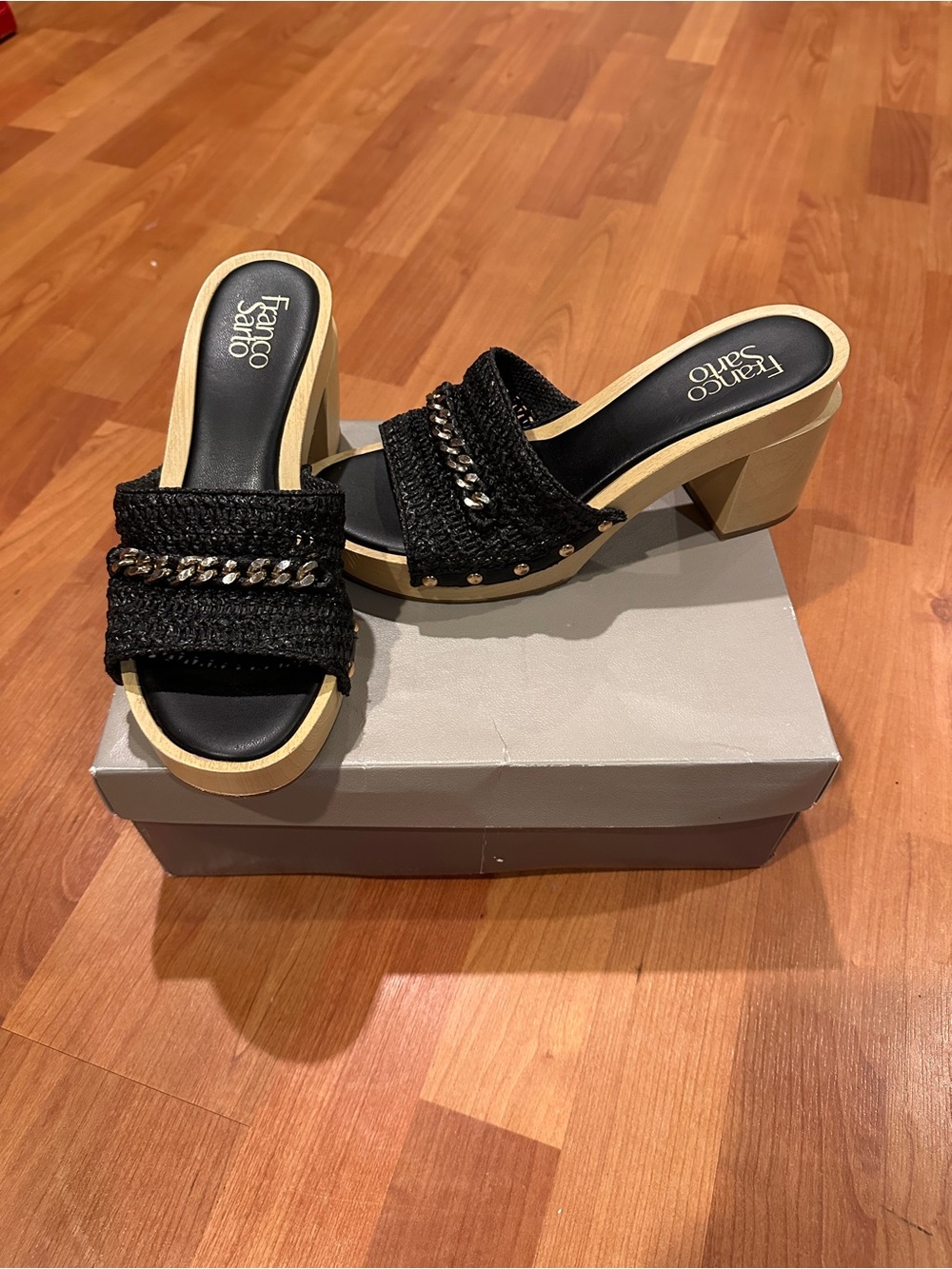 Franco Sarto Black Woven Slide Mules with Chain Accent and Tan Block Heel